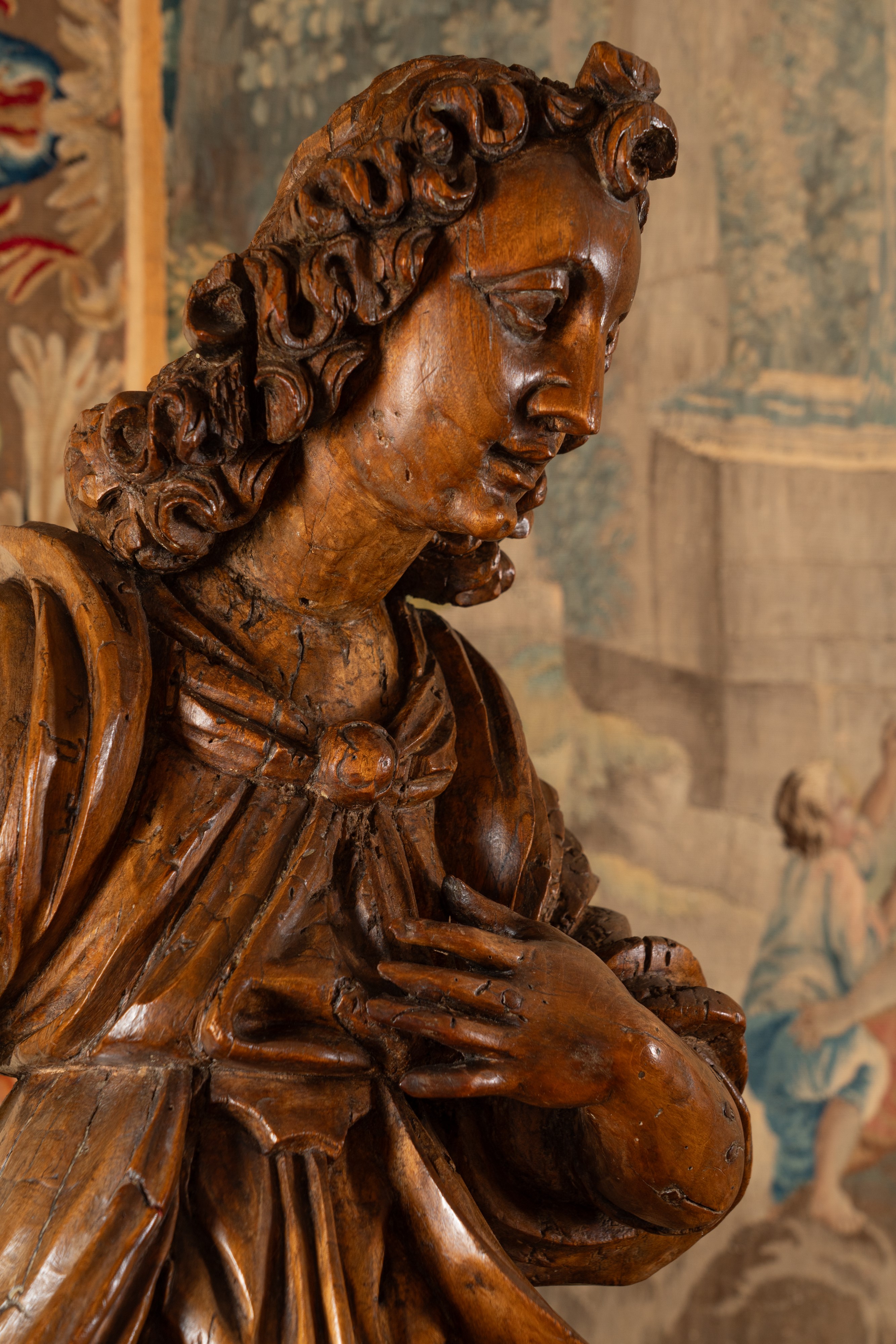 Genova, coppia di angeli, scultura in legno scolpito, secolo XVII