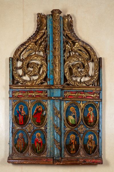 Scuola veneto-dalmata, Coppia di porte in legno intagliato, scolpito, dipinto e dorato (sec. XVII...