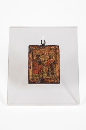 Piccola icona ortodossa da viaggio raffigurante due Santi. Russia, secolo XVIII.