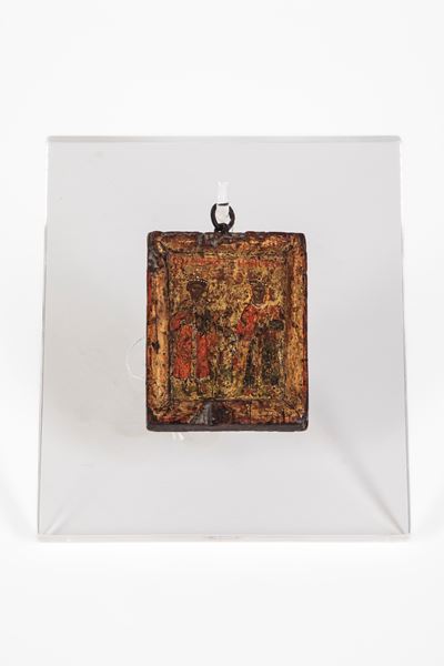 Immaginetta ortodossa da viaggio, tempera su tavola a fondo oro con due Santi (Russia, XVIII seco...
