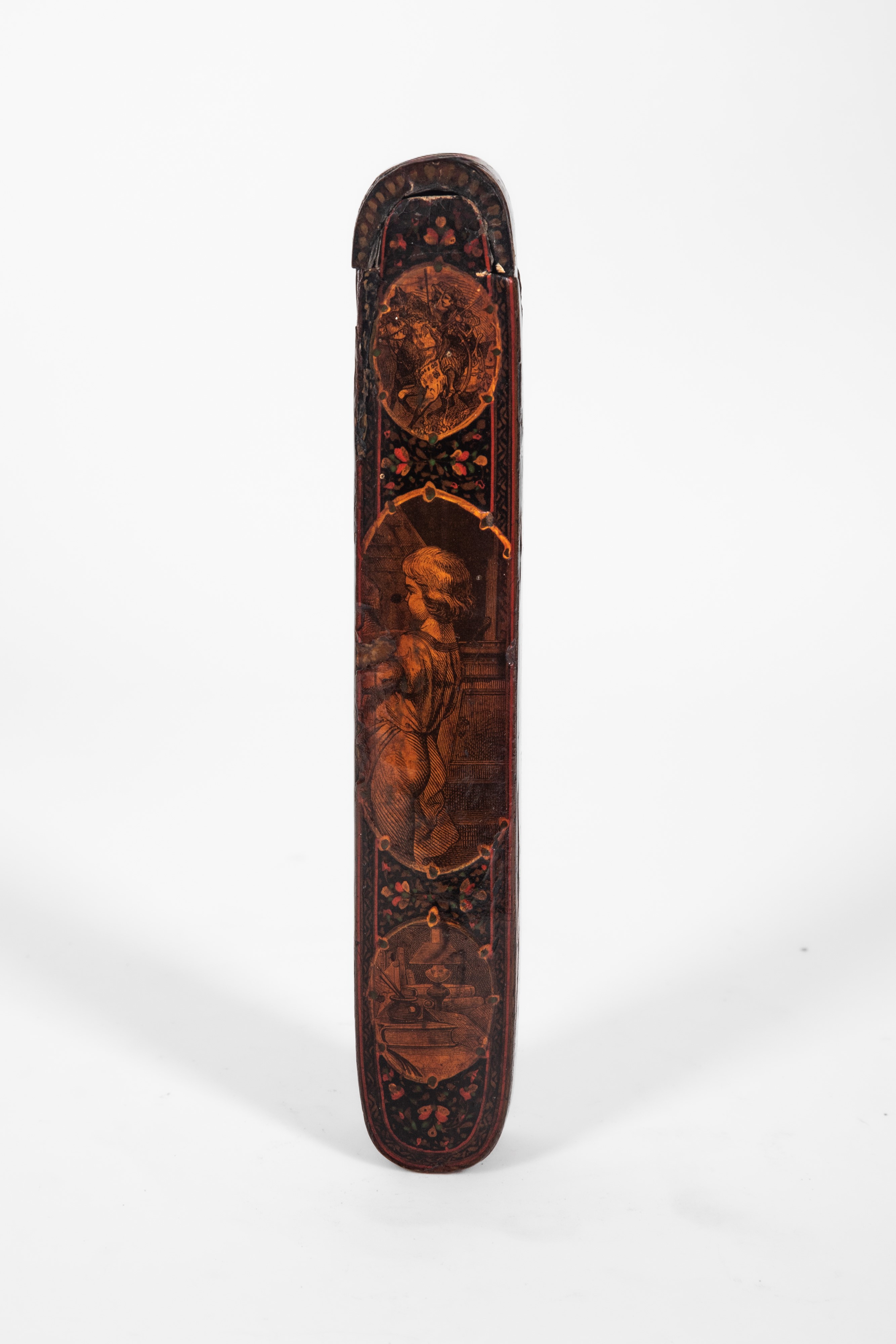 Qalamdam, Astuccio portapenne in papier maché laccato con decorazioni policrome e dorate, Persia,...