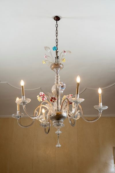 Lampadario, vetro di Murano incolore e policromo, a sei luci