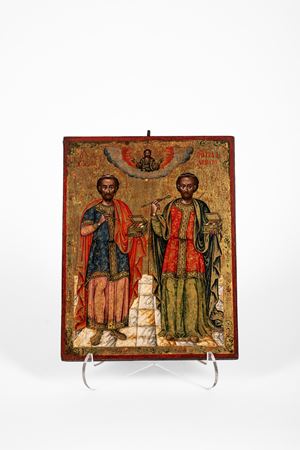 Icona ortodossa raffigurante i Santi Cosma e Damiano. Grecia-area balcanica, XVIII-XIX secolo.