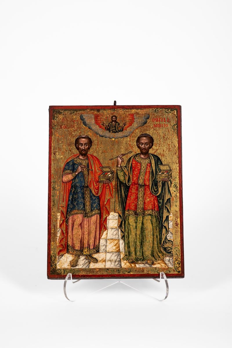 Area greco-balcanica, Icona ortodossa dei Santi Cosma e Damiano, tempera su tavola con fondo oro ...