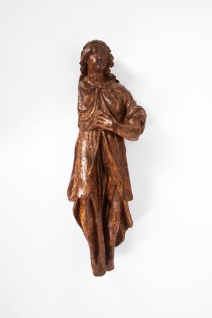 Fregio in legno scolpito raffigurante santo. Secolo XVII-XVIII.