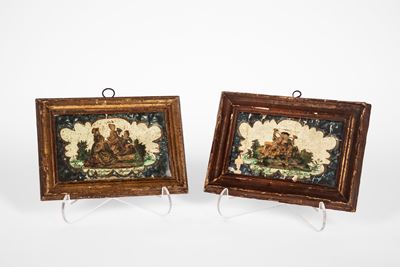 Italia settentrionale, Coppia di quadretti ad “Arte Povera”, cornici in legno dorato, secolo XVII...