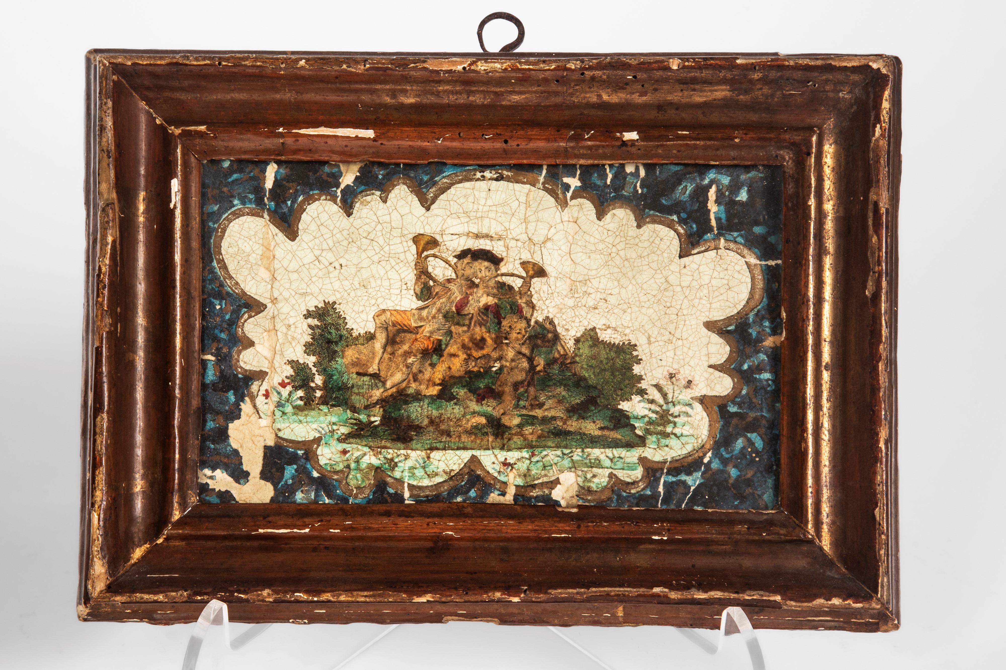Italia settentrionale, Coppia di quadretti ad “Arte Povera”, cornici in legno dorato, secolo XVII...