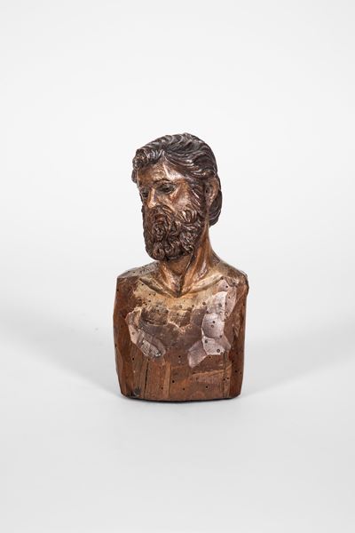 Busto maschile presepiale, legno scolpito con policromia residua e occhi in vetro (Italia meridio...