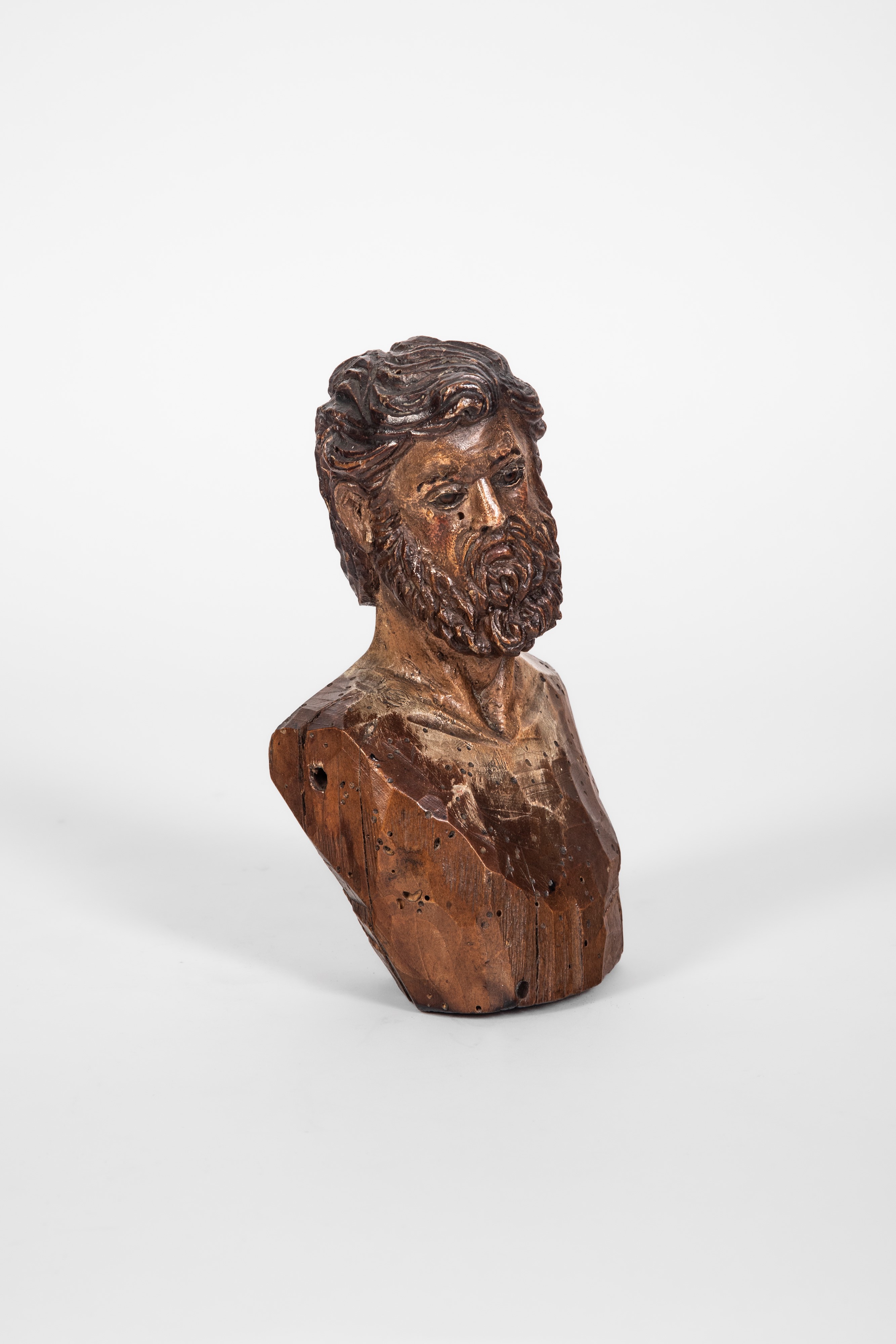 Busto maschile presepiale, legno scolpito con tracce di policromia e occhi in vetro (Italia merid...