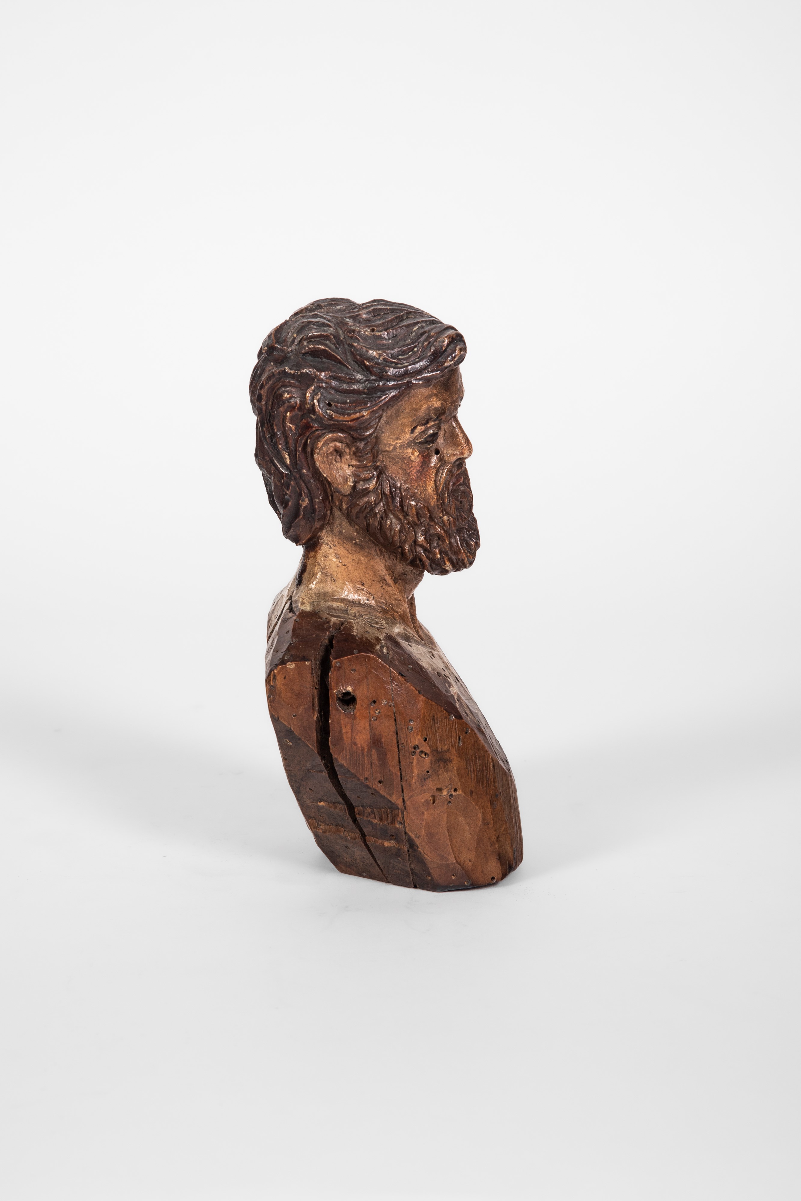 Busto maschile presepiale, legno scolpito con tracce di policromia e occhi in vetro (Italia merid...