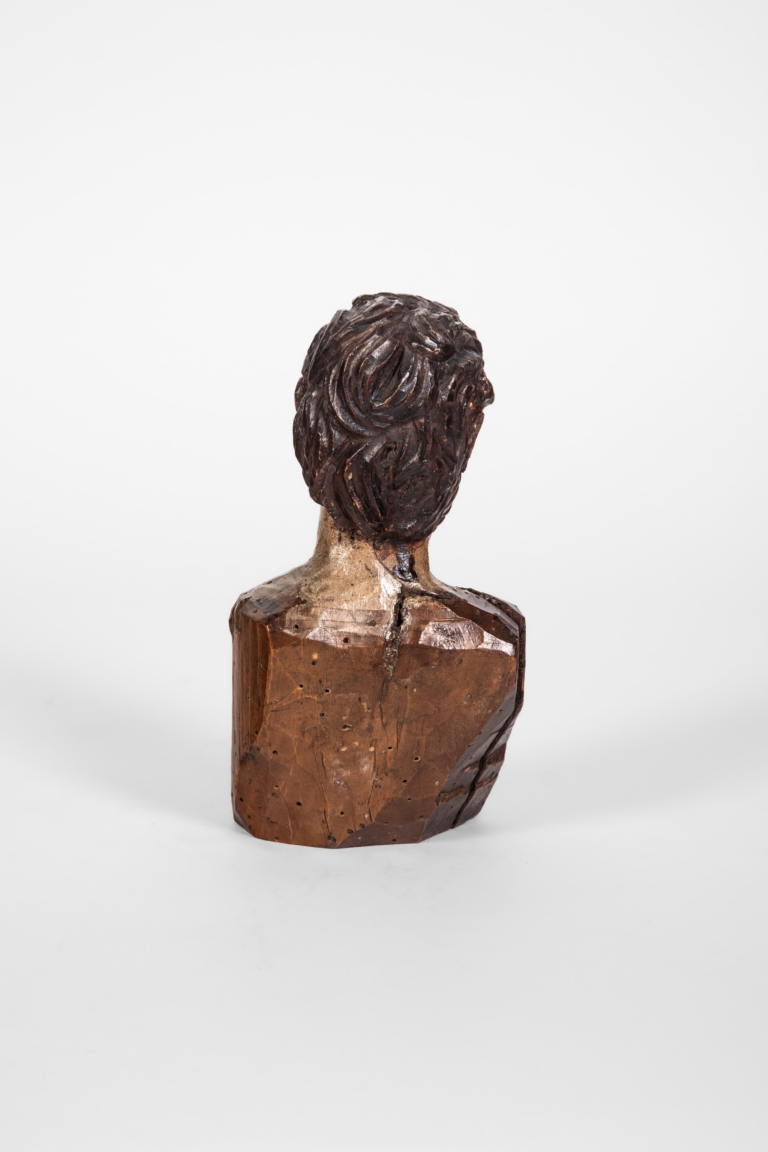 Busto maschile presepiale, legno scolpito con tracce di policromia e occhi in vetro (Italia merid...