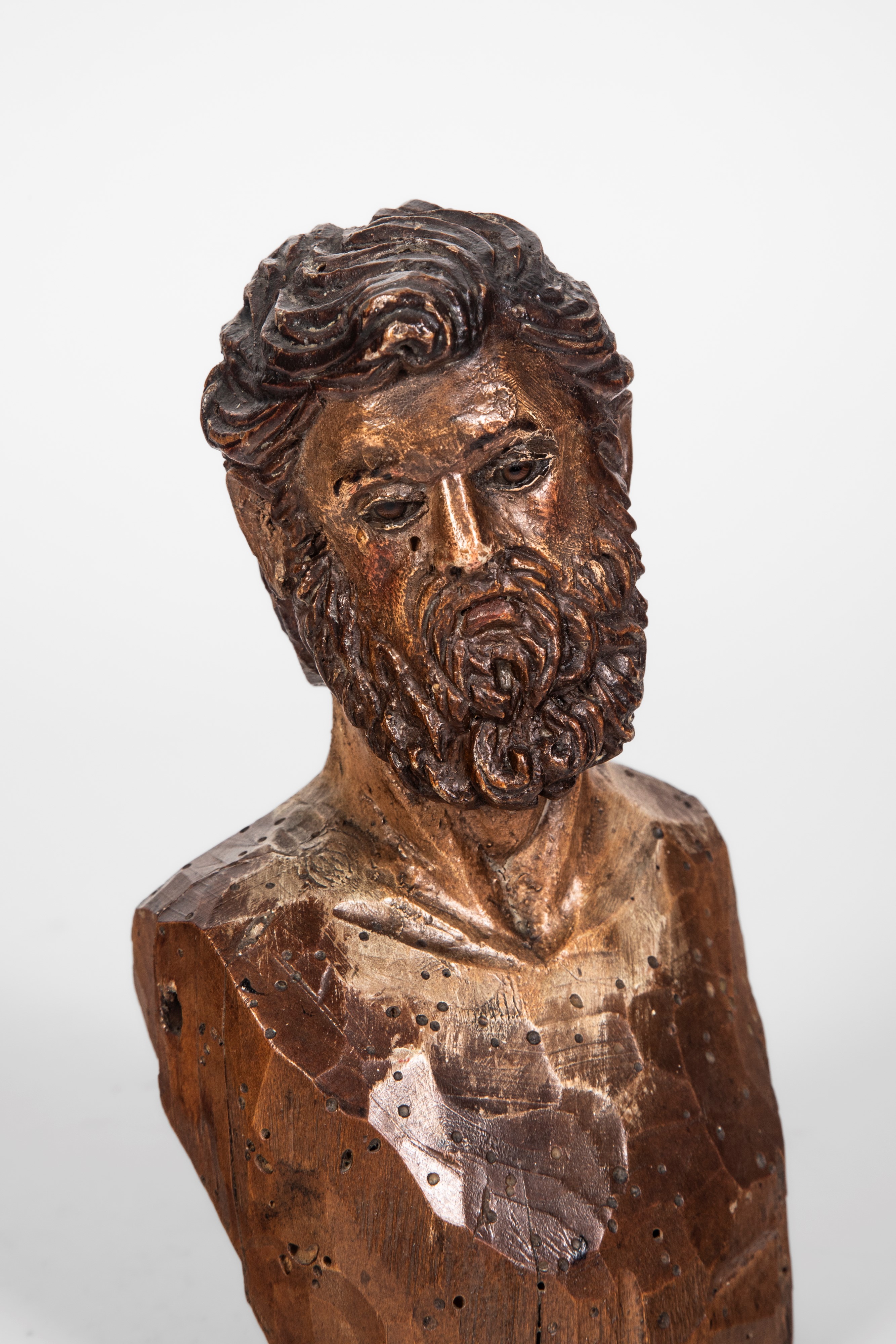Busto maschile presepiale, legno scolpito con tracce di policromia e occhi in vetro (Italia merid...