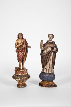 Due figure devozionali in legno scolpito e dipinto, secolo XVIII.
