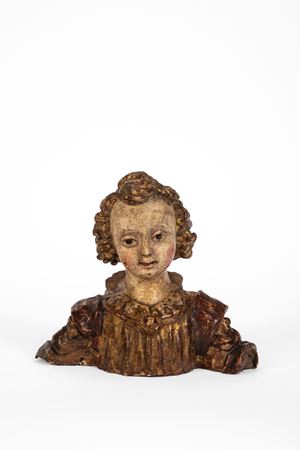Busto di Angelo in legno e gesso scolpito, laccato e dorato. Toscana, secolo XVI.