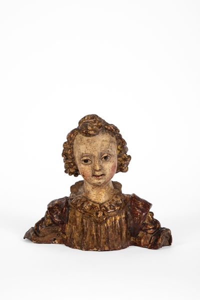 Busto di Angelo, legno e gesso scolpito laccato e dorato, Toscana, XVI secolo