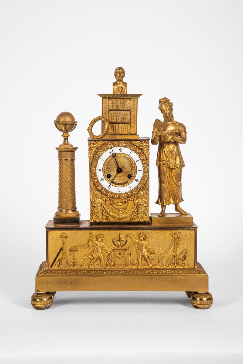 Pendola allegorica delle Scienze, bronzo dorato, Francia, primo quarto XIX secolo
