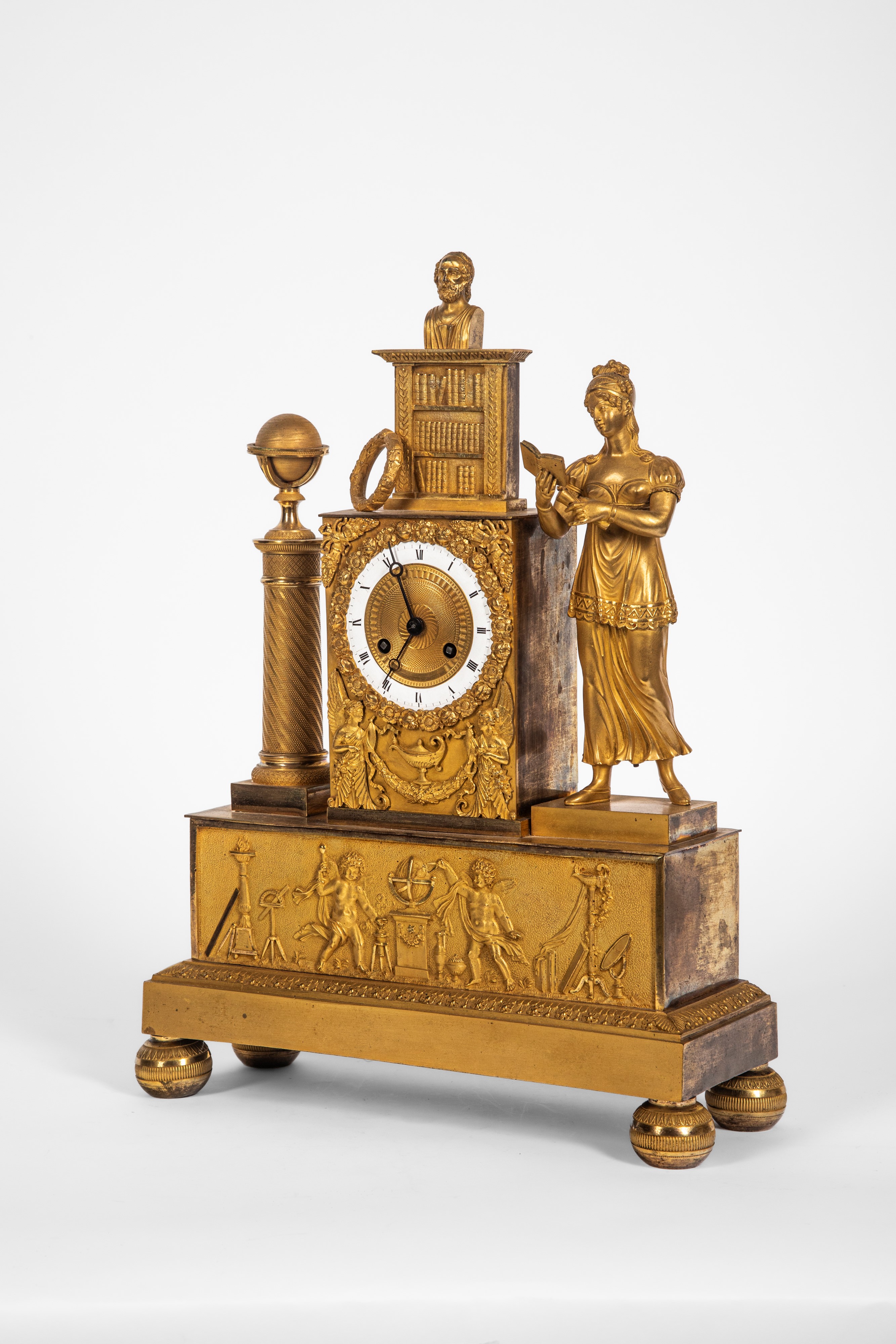 Pendola allegorica delle Scienze, bronzo dorato, Francia, primo quarto XIX secolo