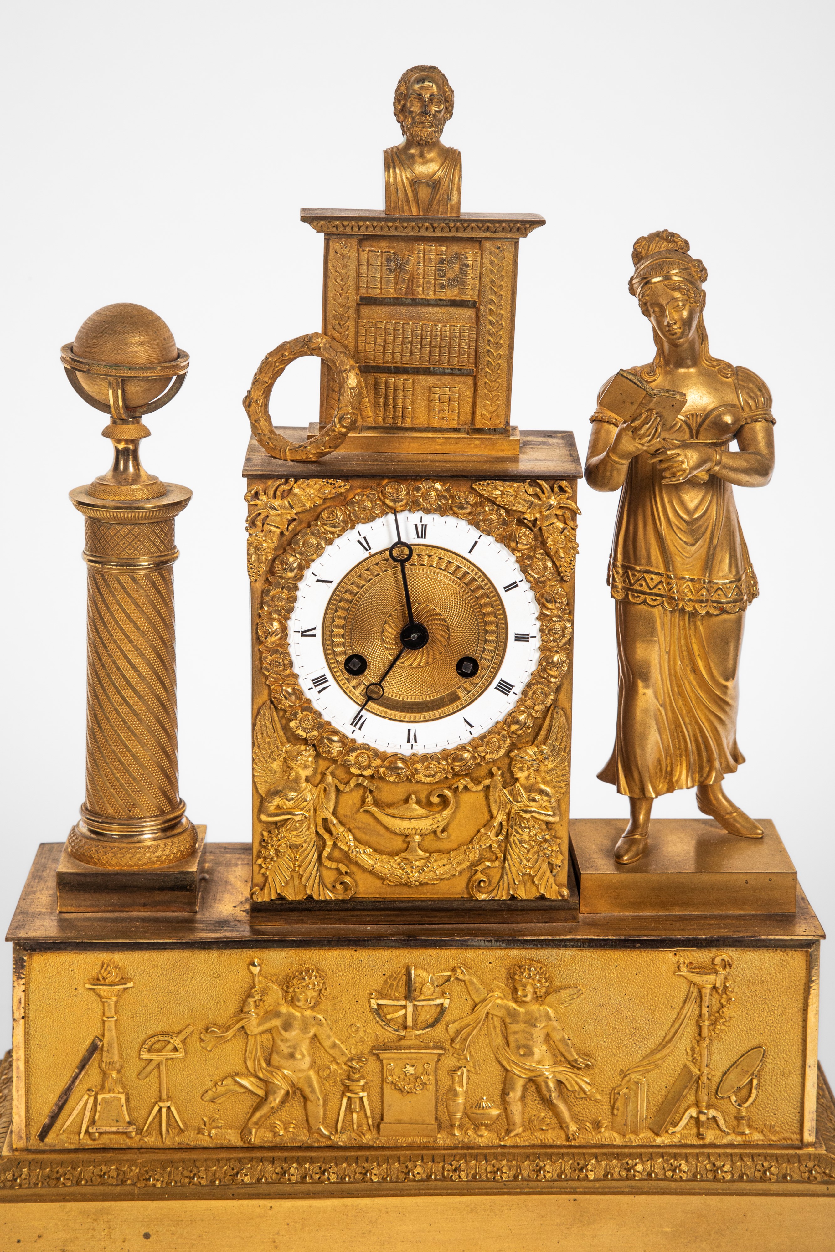 Pendola allegorica delle Scienze, bronzo dorato, Francia, primo quarto XIX secolo