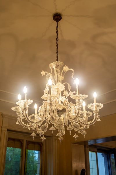 Lampadario a otto luci, vetro di Murano incolore