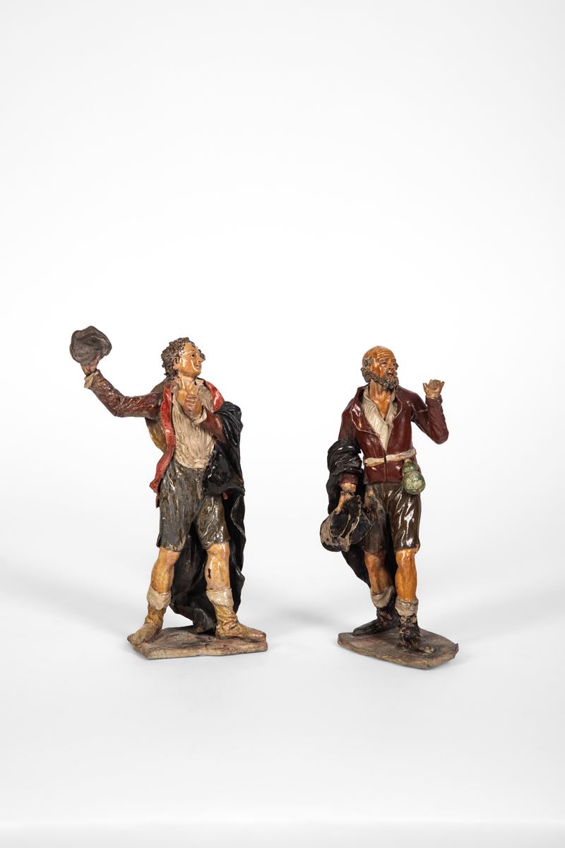 Arte genovese o napoletana, Due figure presepiali in terracotta policroma, XVIII secolo