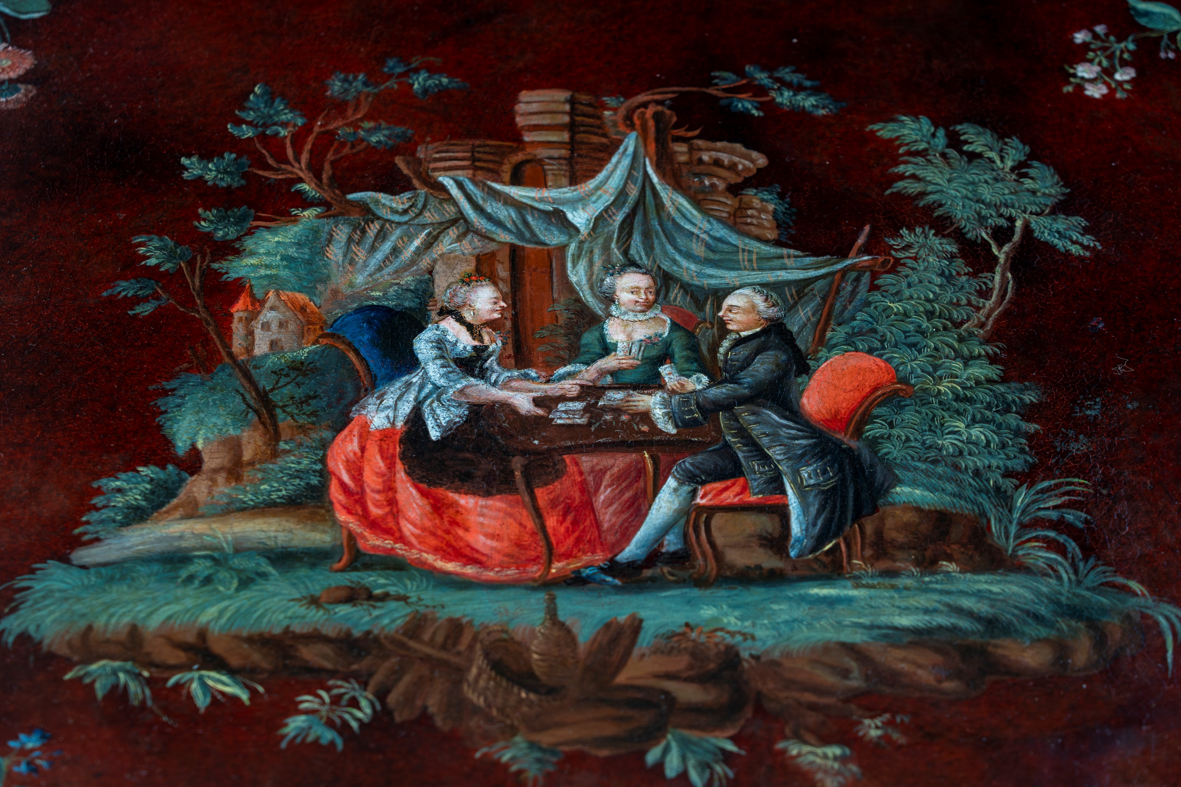 Tavolo da gioco in lacca nera, piano in cristallo protettivo. XVIII secolo