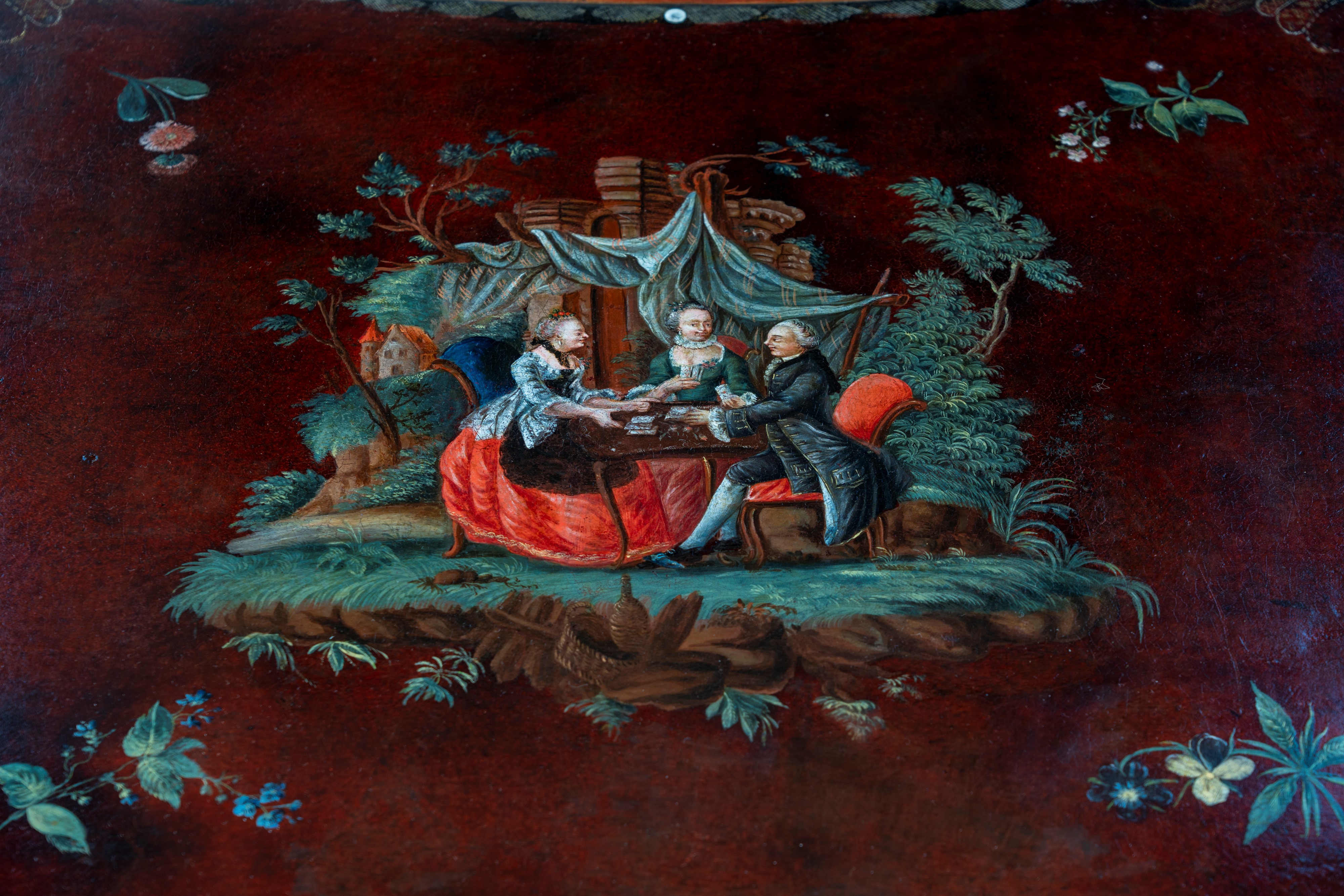 Tavolo da gioco in lacca nera, piano in cristallo protettivo. XVIII secolo