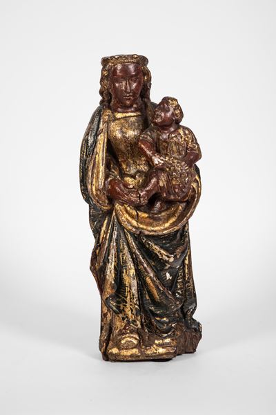 Madonna con Bambino, scultura lignea scolpita, intagliata, policroma e dorata (Secolo XV-XVI)