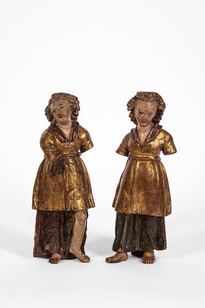 Coppia di putti, legno scolpito intagliato policromo e dorato (Toscana, XVI secolo)