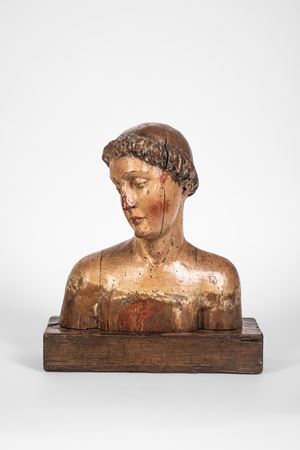 Busto in legno scolpito policromo raffigurante la Vergine Annunciata. Toscana, secolo XV.