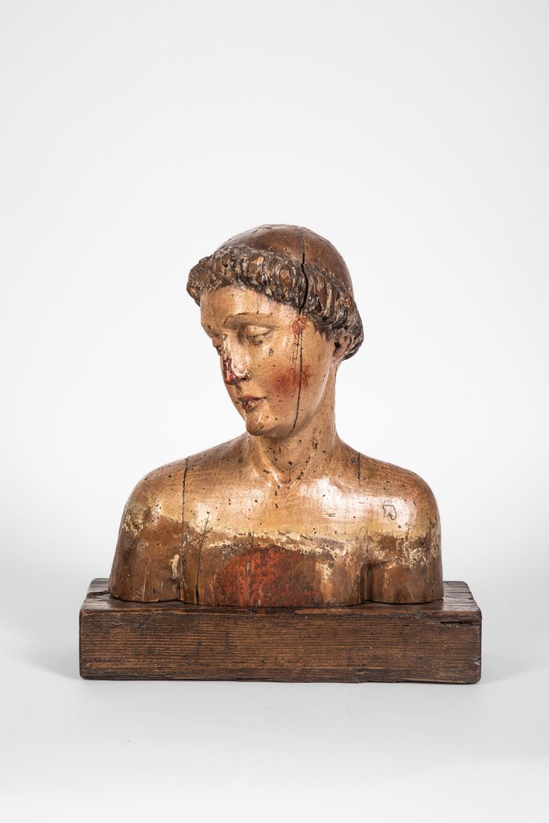 Toscana (sec. XV), Busto in legno scolpito policromo raffigurante la Vergine Annunciata