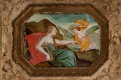 Verre peint (sec. XVIII), Agar e l’angelo, in cornice dorata