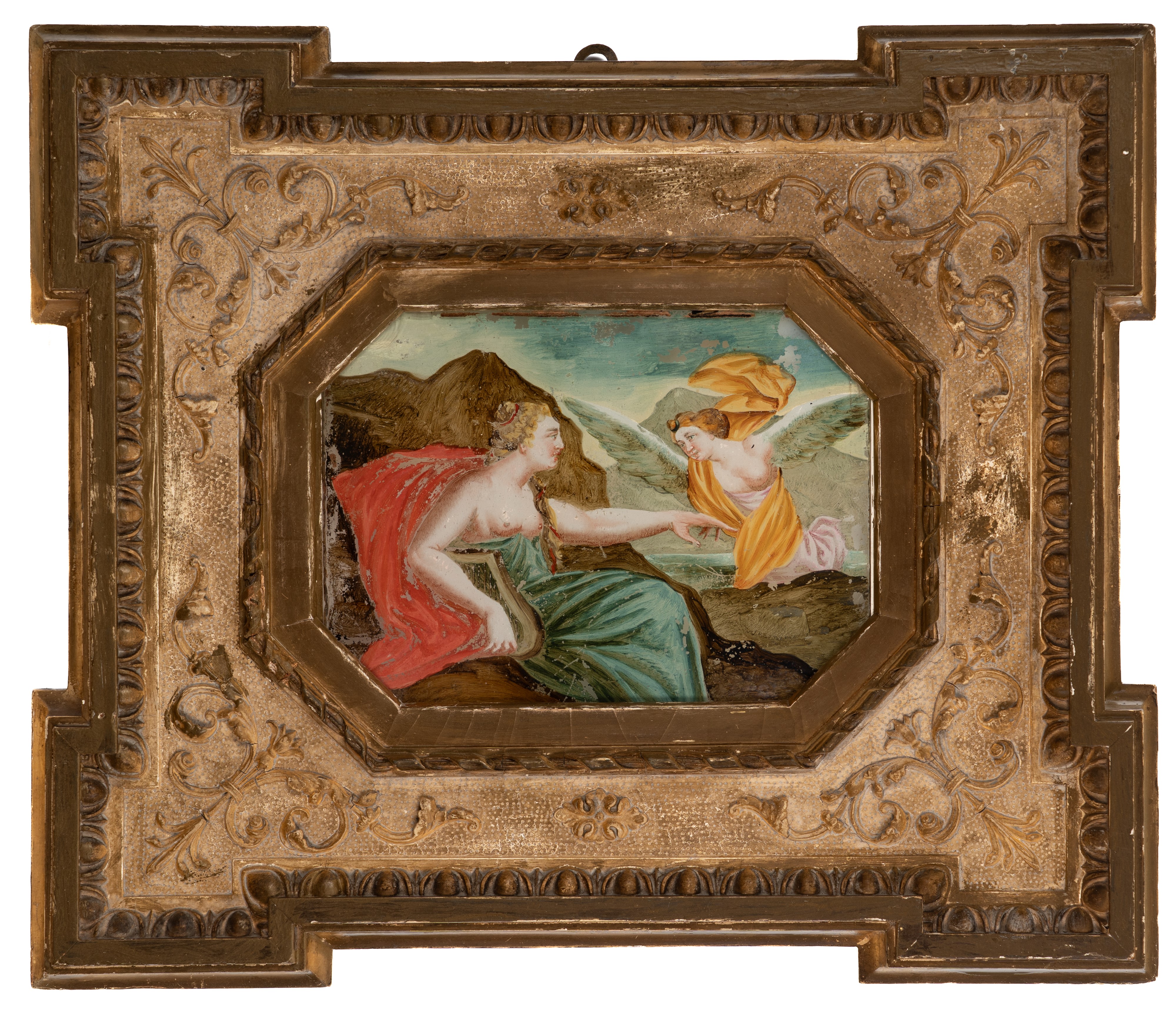 Verre peint (sec. XVIII), Agar e l’angelo, in cornice dorata
