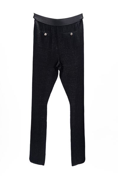 Pantaloni in tessuto elasticizzato nero, dettagli in metallo logato (taglia 36 FR)