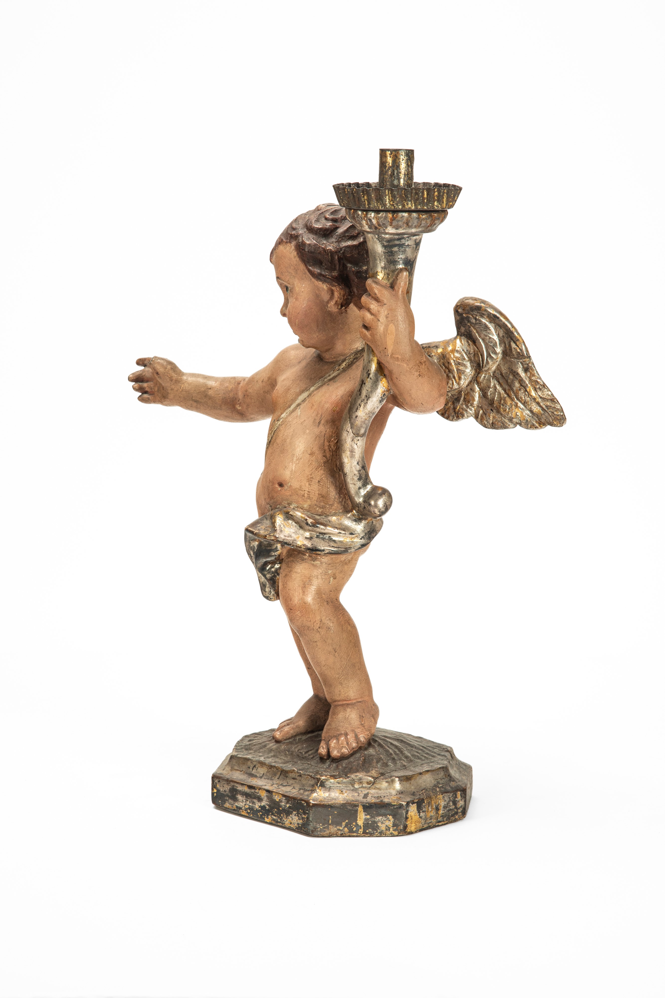 Secolo XIX, Putto reggi torcia in legno scolpito e dipinto