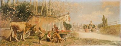 Scena di vita all’ingresso della città, olio su tela