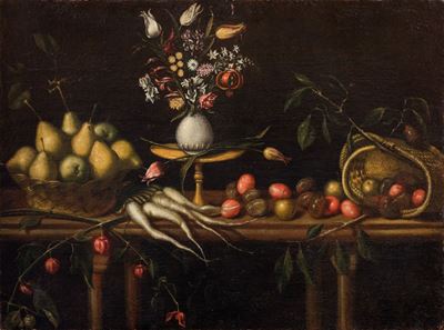 Pere e susine in un cesto di vimini, ortaggi e fiori in un vaso su balaustra, olio su tela