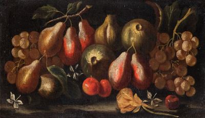 Olio su tela, Susine, uve bianche, fichi, gelsomini e una rosa su un piano