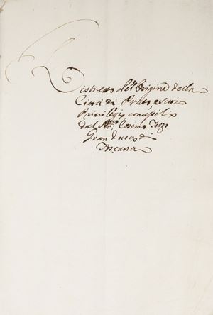 Interessantissima relazione storica sull'origine della città di Prato, tratta da documenti d'archivio databili ai primi anni del Cinquecento, ma che affondano nei secoli precedenti in quanto a documentazione storica. L'estensore della relazione è il Cancelliere di Cosimo III de Medici, Anton Domenico Puccini,  che in fine documento conferma l'autenticità e la piena corrispondenza tra la presente relazione e quella depositata presso la Cancelleria di Firenze.   Ristretto dell'Origine della Città di Prato, e suoi Privilegi, concessi dal Rv.mo Cosimo Terzo Gran Duca di Toscana