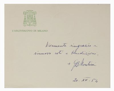 Montini, Biglietto autografo firmato e datato 20 XII 1954