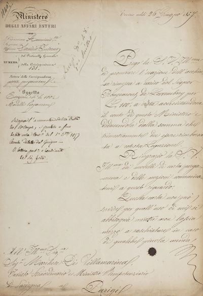 Cavour, Corrispondenza sottoscritta con esazione del pagamento di Lire 100, 1857