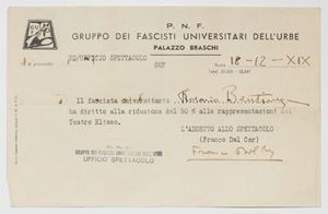 Bentivegna, Rosario - Iscrizione al Gruppo dei Fascisti Universitari dell'Urbe