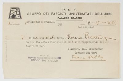 Bentivegna, Cedola di iscrizione al Gruppo dei Fascisti Universitari dell'Urbe