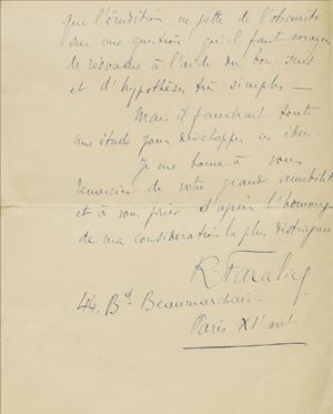 René Faralicq (1878-1951) è stato un commissario di polizia francese, dottore in legge, capo della Brigata Criminale della Polizia Giudiziaria, professore all'Istituto di Criminologia, ma anche scrittore e poeta raffinato. Divenne celebre per aver arrestato Henri Landru (Barbablu), uno dei primi serial killer della storia, accusato e condannato per l'omicidio di dieci donne e di un ragazzino, che accompagnava una delle donne. L'esecuzione pubblica della sentenza avvenne alle ore 6.05 del 25 febbraio 1922 nel cortile della prigione di St. Pierre a Versailles, dove era stato allestito il patibolo e la ghigliottina. La sua testa mozzata e mummificata è conservata nel Museum of Death di Hollywood.
Nella lettera si fa riferimento all'uscita del volume di poesie, L'Offrande à Béatrice, che non è una traduzione della Vita Nuova di Dante. Spiega che si è solamente ispirato alla vicenda d'amore di Dante e Beatrice, basandosi sulla lettura pura del testo, con l'ausilio solo del commento di Burckhardt. Rivendica invece il buon senso e la semplicità delle ipotesi per gettare luce sull'oscurità della poesia: un'attitudine da investigatore e un abito mentale che non l'abbandona mai, evidentemente.  Serie di lettere di alcuni scrittori francesi  del Novecento
