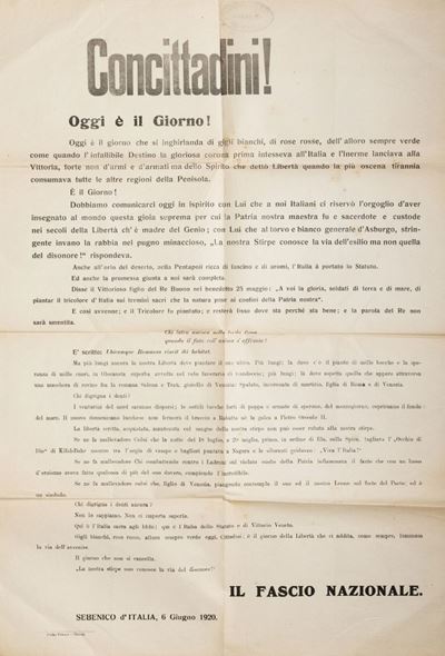 Sebenico, Volantino del Fascio Nazionale, 1920