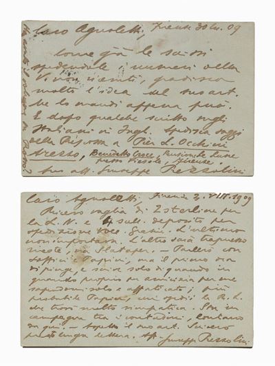 Prezzolini, Due cartoline postali indirizzate ad Agnoletti, Firenze 1909