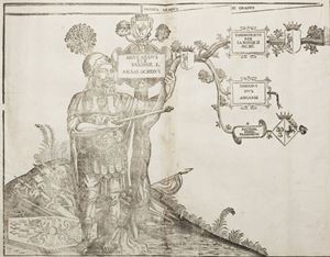 Prima edizione, di notevole rarità, di una tra le più importanti opere genealogiche dedicate a Casa Savoia. Nel volume si alternano testo scritto e immagini figurate attraverso l’inserimento di 43 cartigli ornati da trofei, che avrebbero dovuto ospitare i ritratti dei principi sassoni e sabaudi. In realtà, i ritratti rappresentati sin dall’origine sono solo 5 (Beroldo p. 16, Umberto p. 18, Amedeo I p. 19, Umberto II p. 21, Emanuele Filiberto p. 75) mentre altri 3 furono aggiunti successivamente (Filippo, Carlo Filippo, Carlo Emanuele I). Le nove tavole genealogiche a doppia pagina in successione orizzontale, qui unite fra di loro, formano una  lunghissima tavola genealogica dove i nomi sono accompagnati da blasoni. In questa opera, che fu una tra le sue ultime, lo storiografo savoiardo sostiene l’origine sassone dei Savoia che fa discendere da tale Siguardo, Re di Sassonia, contemporaneo di Dagobert e da questi al leggendario Beroldo, figlio di Ugo di Sassonia e fratello di Ottone III. La narrazione giunge fino ai tempi di Carlo Emanuele I il Grande, con dettagliate rassegne dei titoli, dei feudi, dei principi, ecc. 
 Manno-Promis, I, 165; Rossotto, p. 494; Bersano Begey, I, 419; Graesse, V, 299; Lozzi, II, 4936: “Non devono mancare dopo il Finis (pag. 120) due altre carte, l’una pel privilegio, l’altra per l’errata-corrige”; Colaneri, 1635; Spreti, 3232.
 Inclytorum Saxoniae Sabaudiaeq. Principum arbor gentilitia
