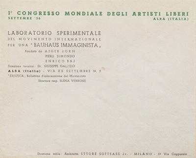 Programma invito per il Primo Congresso Mondiale degli Artisti Liberi, 1956