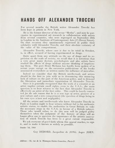 Internationale Situazionista, Hands off Alexander Trocchi, volantino ciclostilato