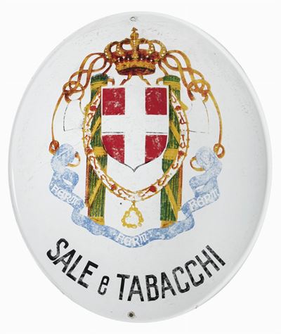 Insegna originale in metallo smaltato 'Sale e Tabacchi' con stemma