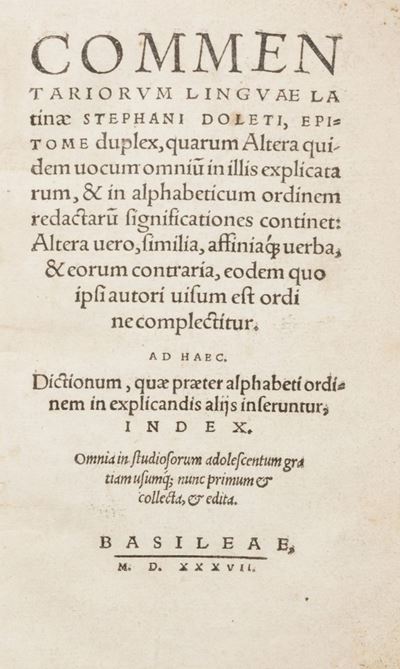 Dolet, Commentariorum lingua latinae, epitome duplex, edizione del 1537